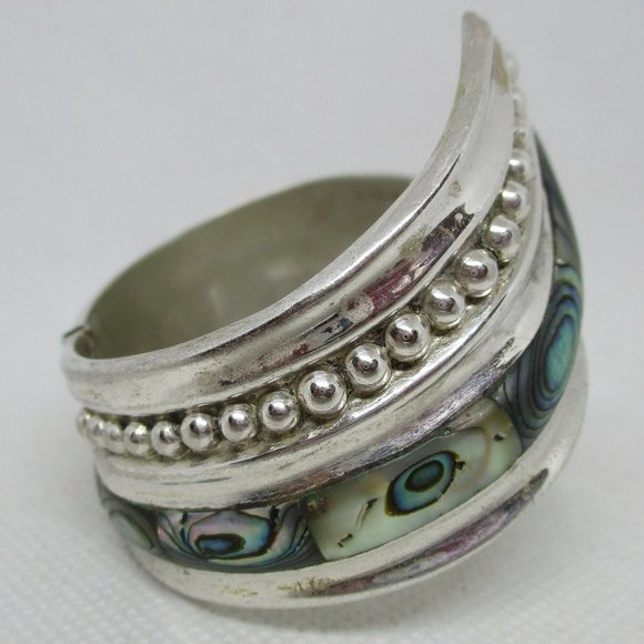 Wide ABALONE MEXICAN SILVER Clamper Mexican Cuff Bracelet Marked Alpaca Mexico - Picture 3 of 11